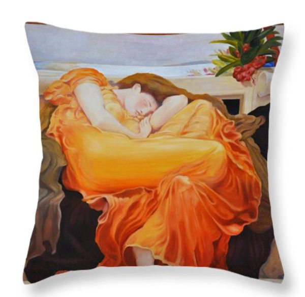 Flaming June painting on a throw pillow